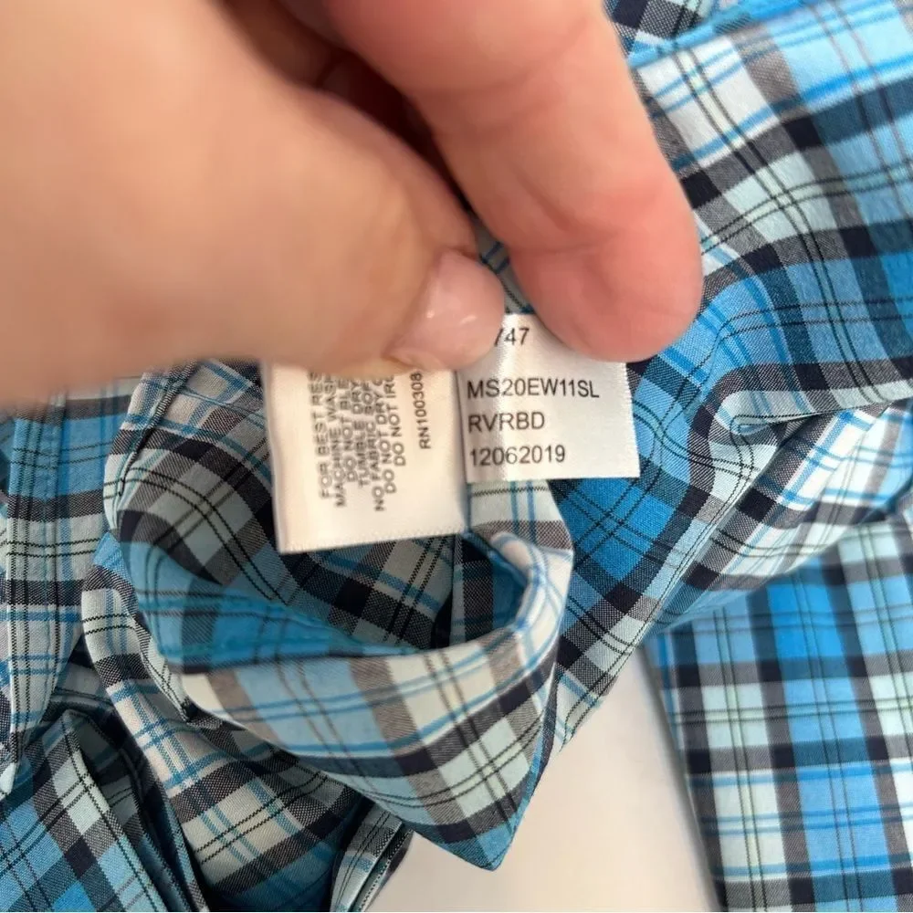 Peter Millar Summer Comfort Polyester Blue‎ Plaid Long Sleeved Size Large
